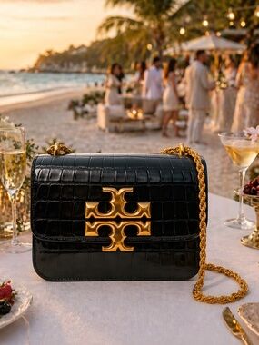 Tory Burch Eleanor Black/Rolled Gold Embossed Small Convertible Shoulder Bag